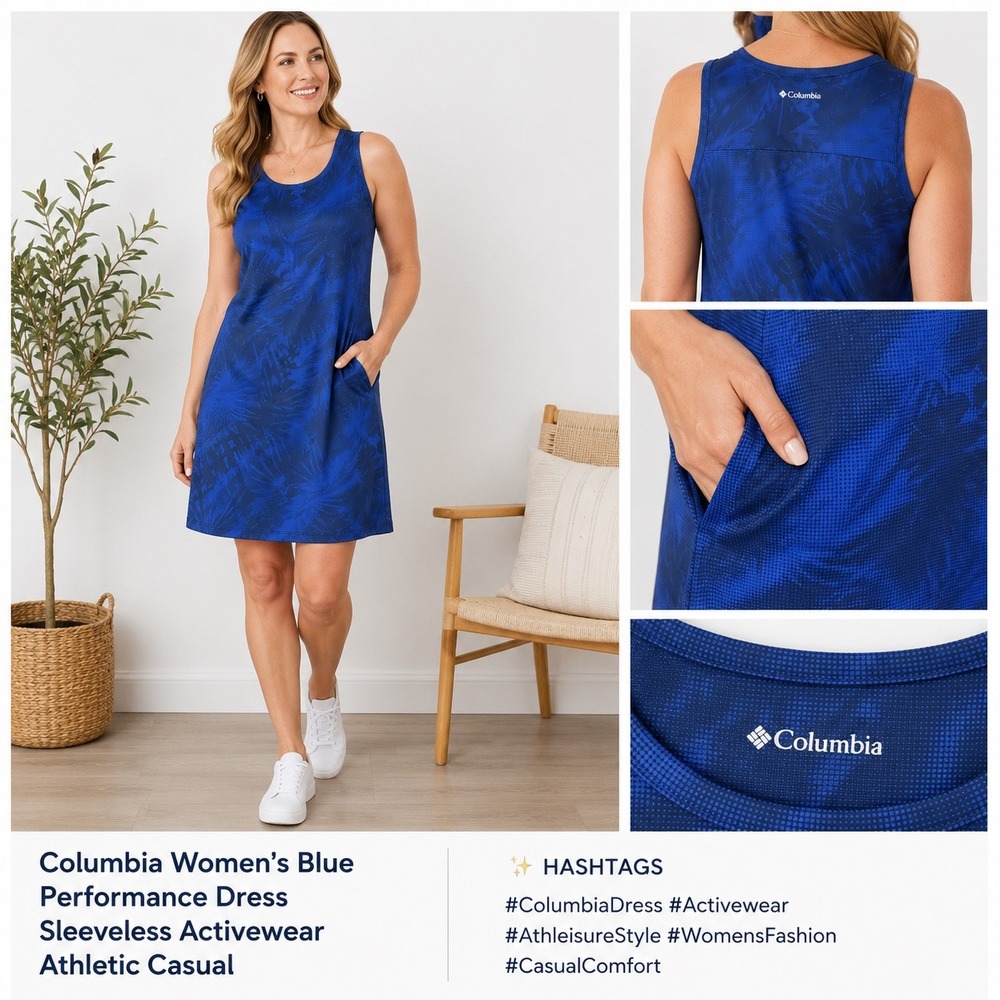Columbia Womens Blue Tropical Palm Print Sleeveless Pocket Hiking Dress Medium